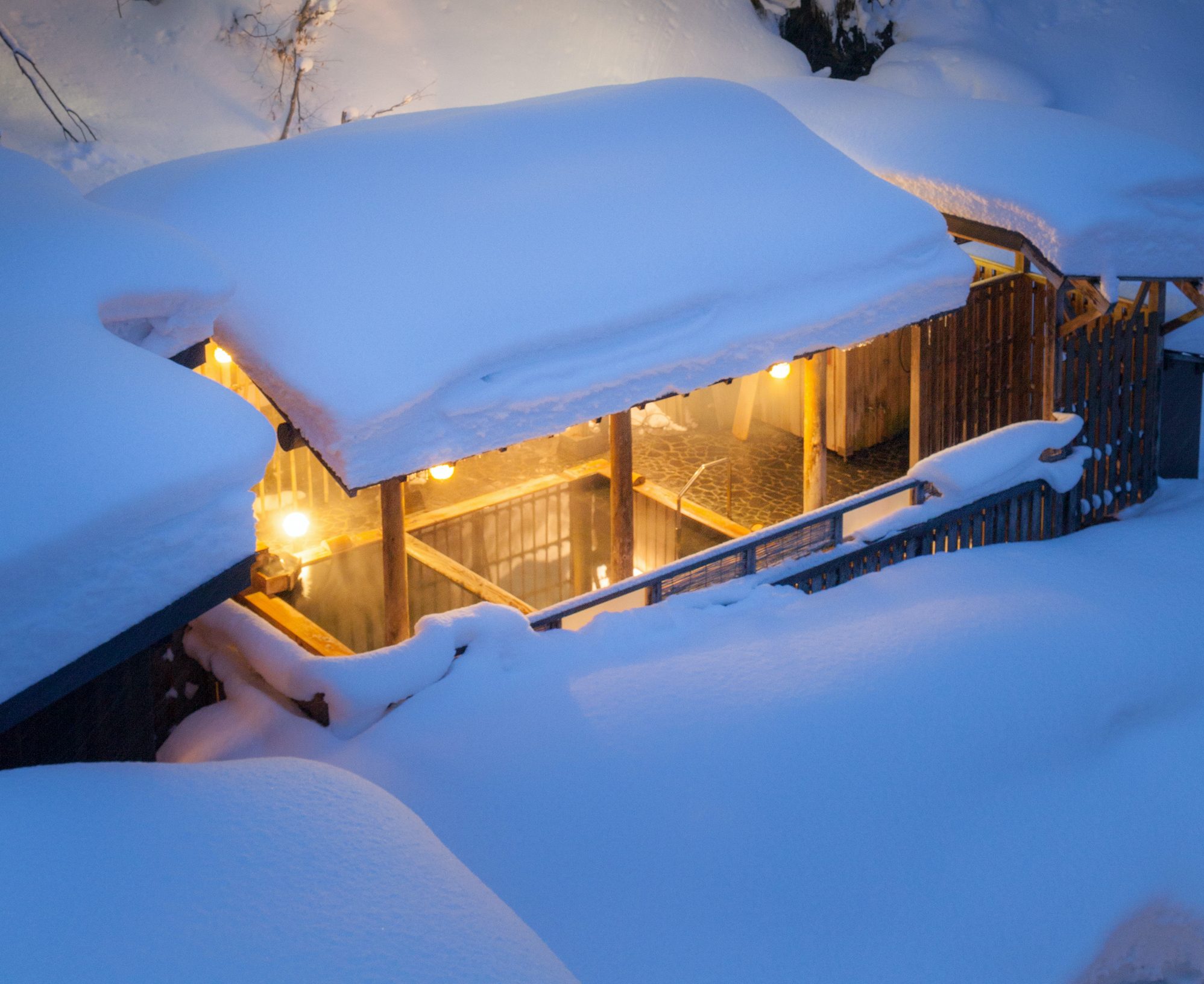 Hot springs in the snow. Japanese Modern Luxury Ryokan "Chitose"