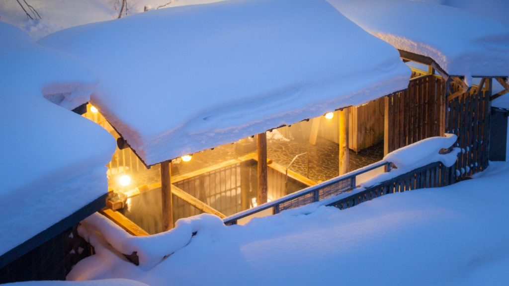 Hot springs in the snow. Japanese Modern Luxury Ryokan "Chitose"